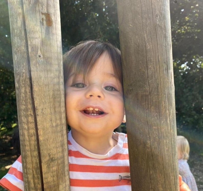 Little boy peeping through wood poles